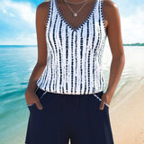 Conjunto de banho casual com bolso, decote em V e estampa, em duas peças