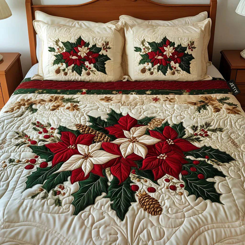 Conjunto de Cama Acolchado de 3 Peças - Encanto das Poinsettias