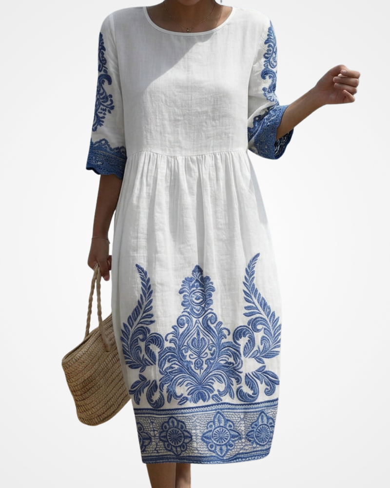 Blanca - Vestido Maxi de Gola Redonda com Bordado