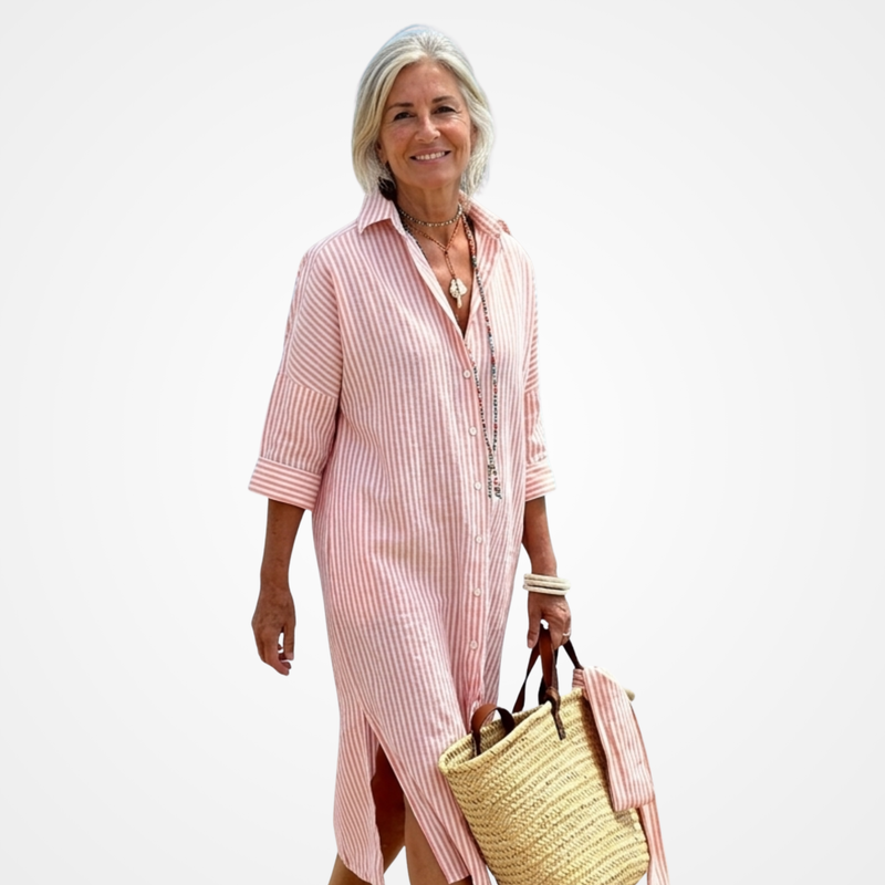 Corina | Vestido Camisero Maxi às Riscas Clássico