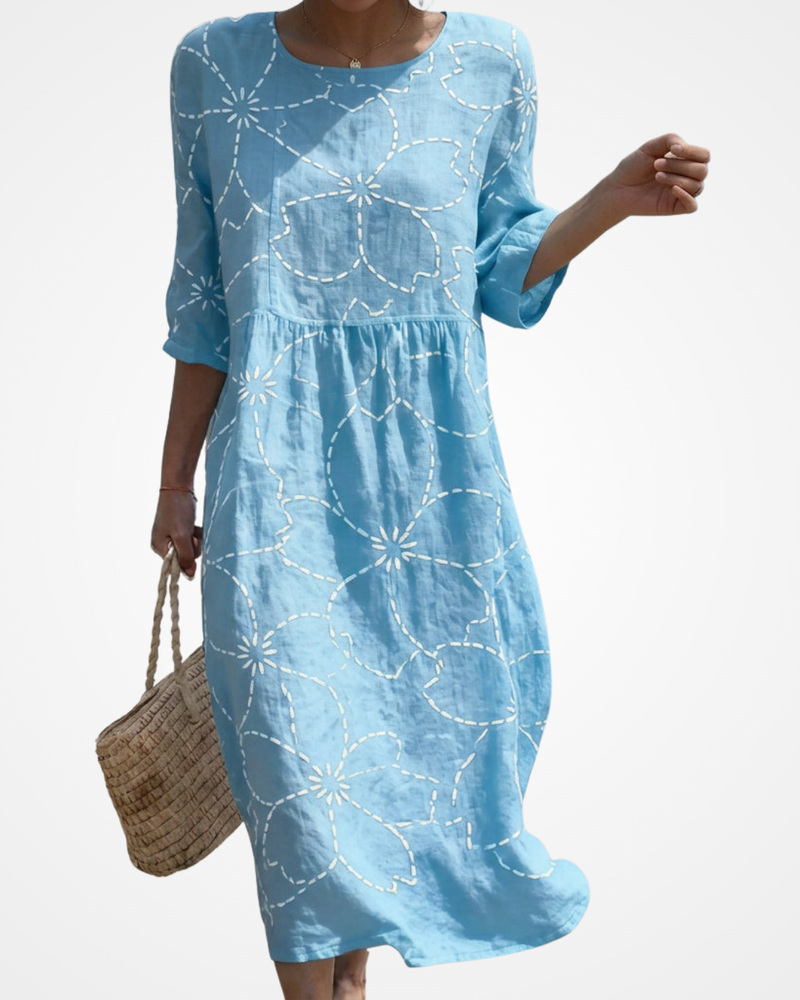 Joana - Vestido Maxi de Gola Redonda com Bordado