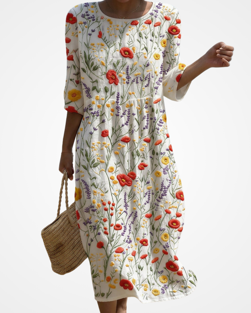Cristina - Vestido Maxi de Gola Redonda com Bordado Floral