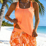 Tankini Estiloso com Estampa Marinha e Fenda