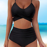 Conjunto de Bikini Liso com Cintura Alta Elegante