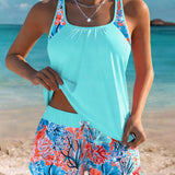 Tankini Top com Mangas e Calções Estampados