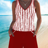 Conjunto de banho casual com bolso, decote em V e estampa, em duas peças