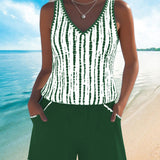 Conjunto de banho casual com bolso, decote em V e estampa, em duas peças