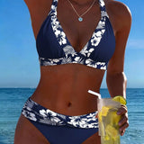 Conjunto de Biquíni Triângulo Azul e Branco com Estampa Profunda