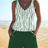 Conjunto de banho casual com bolso, decote em V e estampa, em duas peças