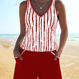 Conjunto de banho casual com bolso, decote em V e estampa, em duas peças