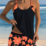 Tankini Sem Mangas U-Decote com Estampa e Boxer