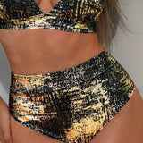 Biquíni Dourado Brilhante com Cintura Alta