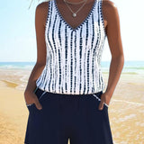 Conjunto de banho casual com bolso, decote em V e estampa, em duas peças