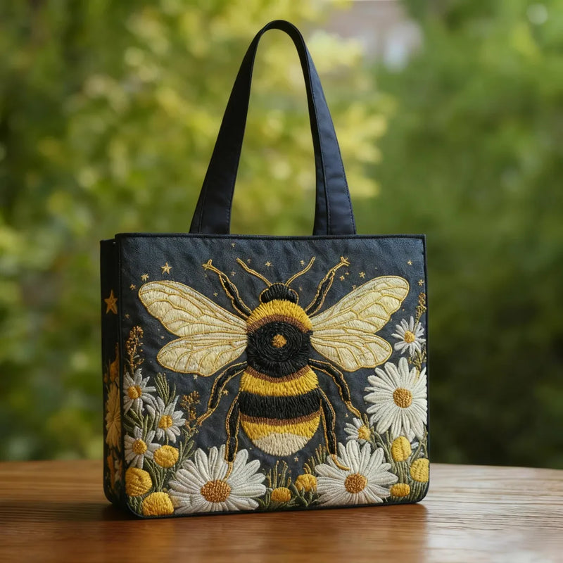 Bolsa Artesanal Abelha com Margaridas e Estrelas | Doçura Radiante