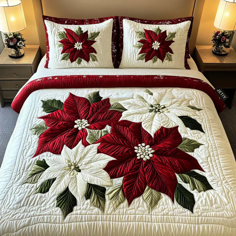 Conjunto de Cama Acolchoado de 3 Peças - Poinsettias de Inverno