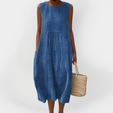 Vestido de algodão sem mangas elegante com bolsos