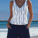 Conjunto de banho casual com bolso, decote em V e estampa, em duas peças