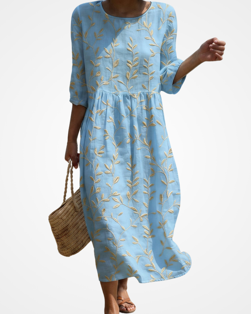 Natalia - Vestido Midi de Gola Redonda com Bordado