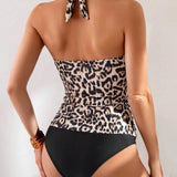 Conjunto de Banho Halter em Triângulo com Estampa de Leopardo, 2 Peças