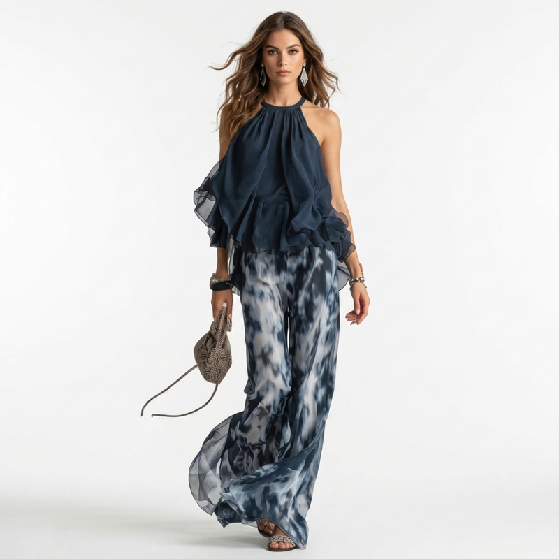Ludovina - Conjunto de blusa e calças com os ombros à mostra