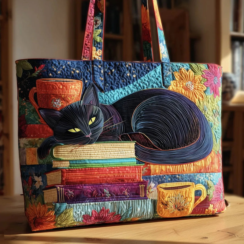 Bolsa Artesanal Gato Preto com Livros e Canecas | Charme Literário