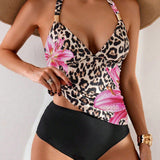 Conjunto de Banho Halter em Triângulo com Estampa de Leopardo, 2 Peças