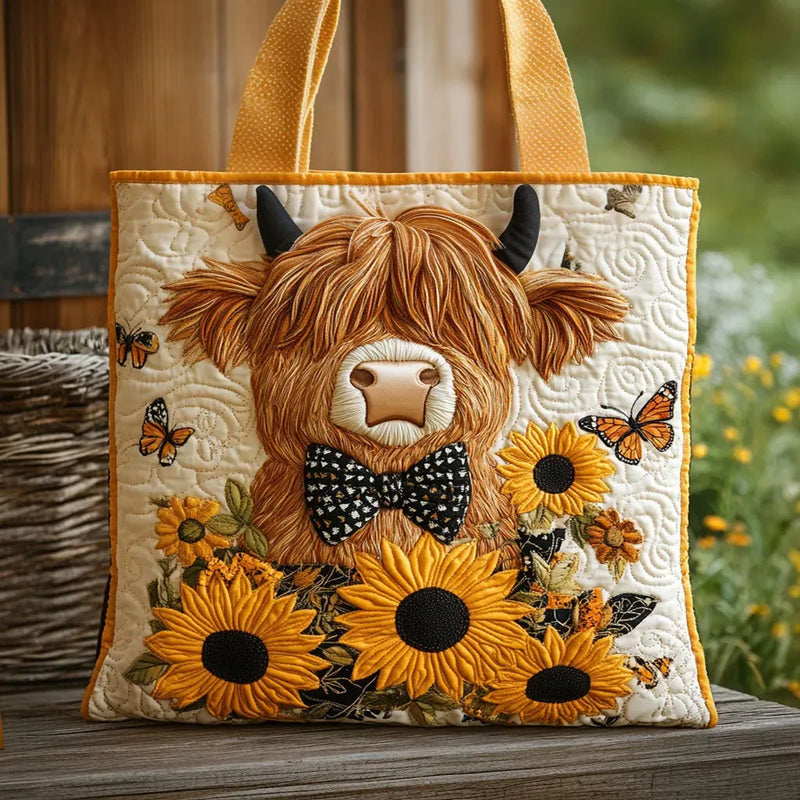 Bolsa Acolchoada Vaca das Terras Altas com Girassóis | Charme Rural