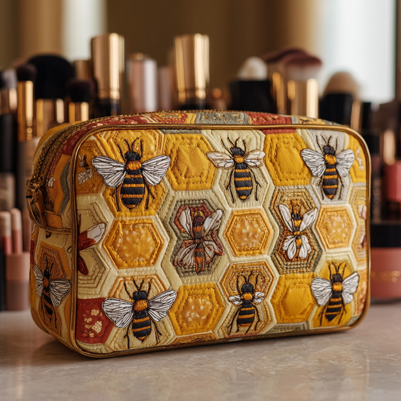 Necessaire Almofadada com Estampa de Abelhas no Campo | Beleza em Voo