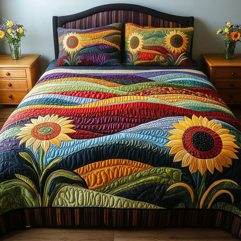 Conjunto de cama acolchoado de 3 peças - Campo de Girassóis