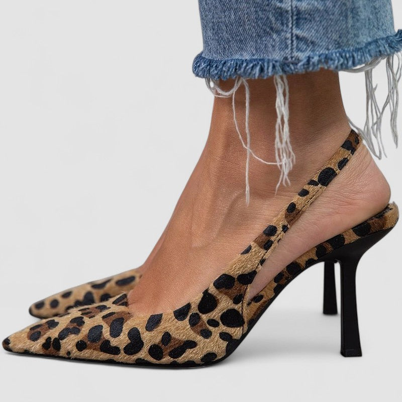 Liorina | Sapatos de salto alto Chaki com padrão de leopardo e bico fino