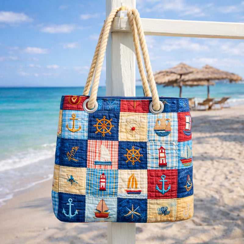 Bolsa de Praia Feita à Mão | Patchwork Marinho