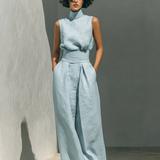Madalena | Conjunto de Linho Premium com Gola Alta e Calças Wide Leg