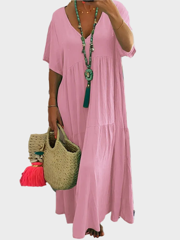Lena | Vestido Maxi Suave com Volantes e Decote em V
