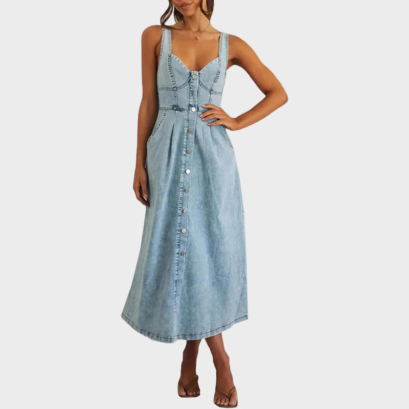 Anita | Vestidos de Ganga sem Mangas Clássicos com Botões à Frente