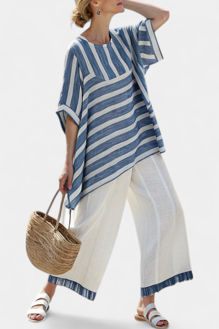 Constança| Conjunto de tela com riscas azuis inspirado no Mediterrâneo
