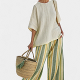 Olívia | Conjunto completo de tela de bambu com riscas oliva