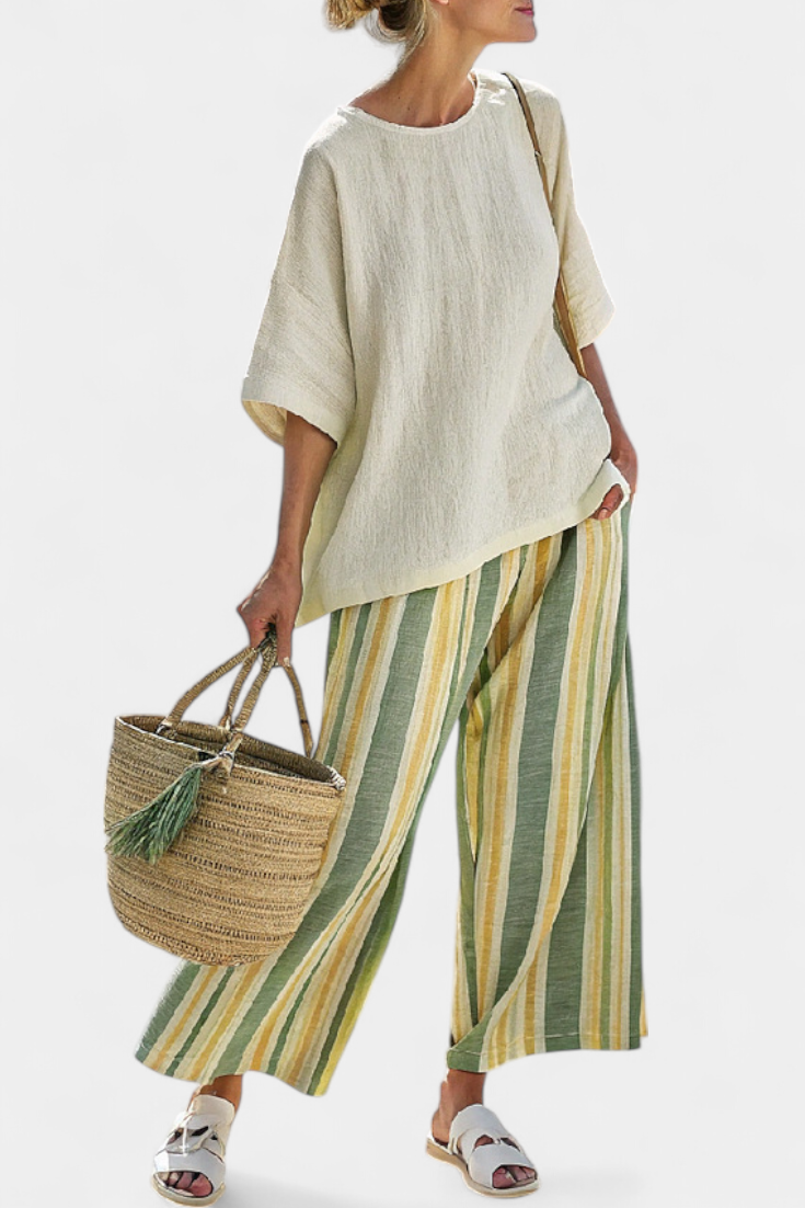 Olívia | Conjunto completo de tela de bambu com riscas oliva
