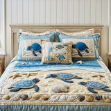 Conjunto de Cama Acolchoado de 3 Peças - Ondas do Oceano