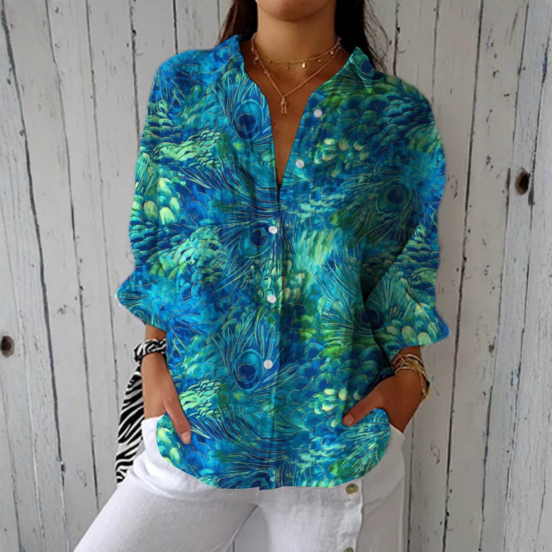 Leila | Blusa com estampado de penas de pavão