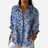Élise | Blusa floral azul com estampado de pássaros