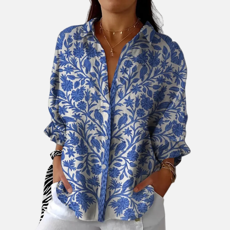 Élise | Blusa floral azul com estampado de pássaros