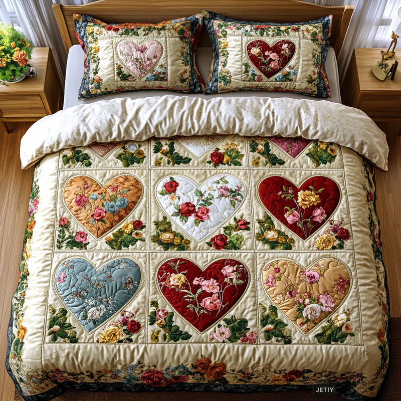 Conjunto de cama acolchoado de 3 peças - Corações Amantes