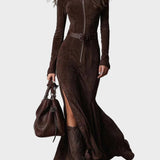 Adrianna - Vestido maxi de ante marrón con cinturón y cremallera