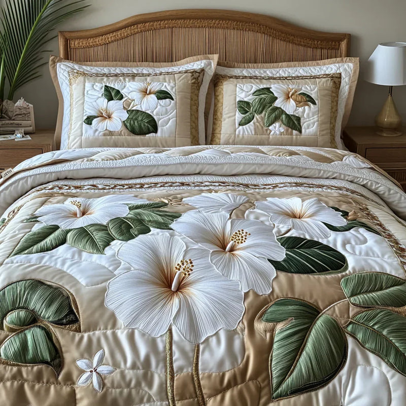 Conjunto de Cama Acolchoado de 3 Peças - Hibisco Branco
