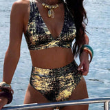 Biquíni Dourado Brilhante com Cintura Alta