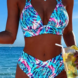 Conjunto de Biquíni Estampado com Alça de Pescoço