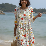 Cristina - Vestido Maxi de Gola Redonda com Bordado Floral
