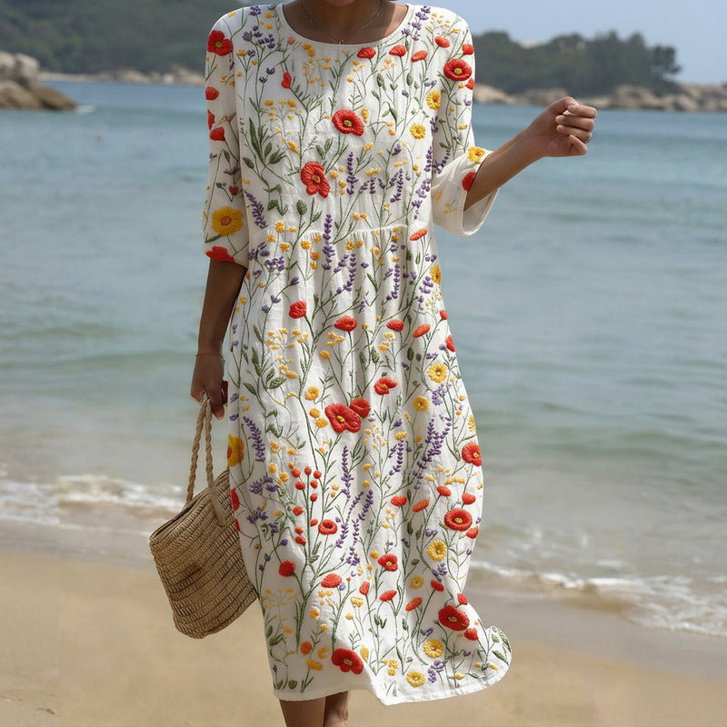 Cristina - Vestido Maxi de Gola Redonda com Bordado Floral