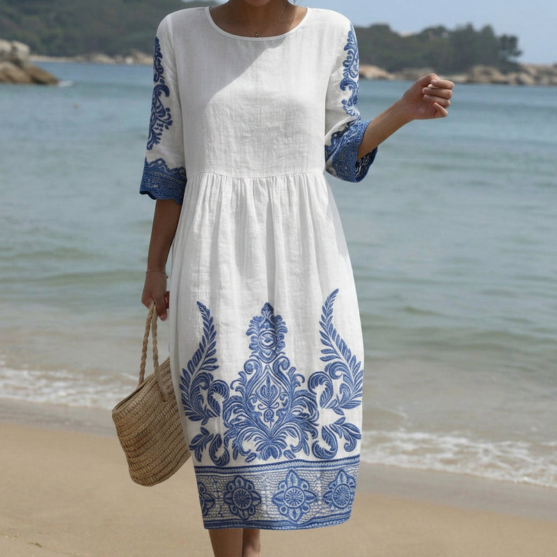 Blanca - Vestido Maxi de Gola Redonda com Bordado