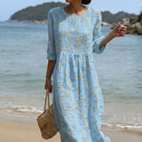Natalia - Vestido Midi de Gola Redonda com Bordado